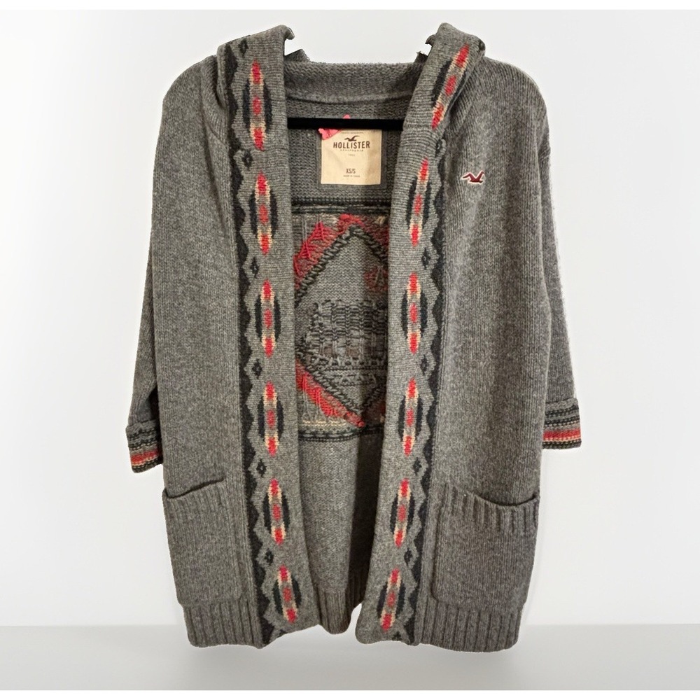Hollister hooded cardigan wool-Southwestern- gray Roomy Lebowski Bear SZ XS/S